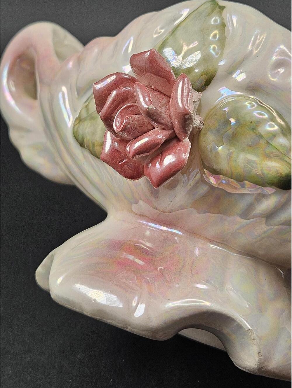 Vintage Pink Lusterware Footed Vanity Dish Rose & Leaf - Bridgerton Regencycore - Picture 14 of 15